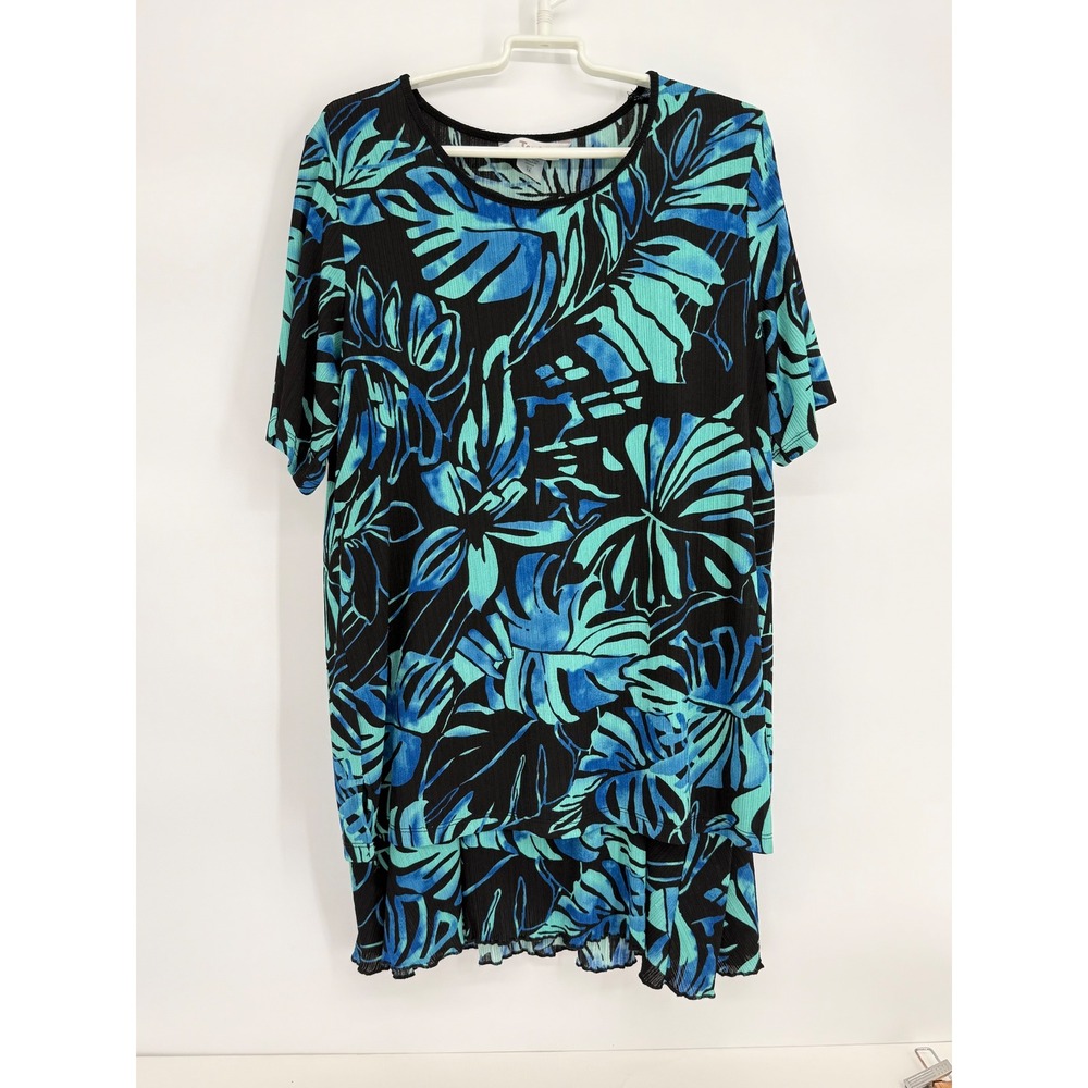 TanJay Womens Sz 20W/1X Tropical Leaf Print 2 Piece Set Top and Skirt Teal Black